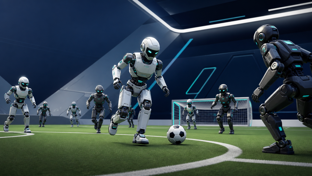 Illustrazione editoriale di robot umanoidi autonomi che giocano a calcio