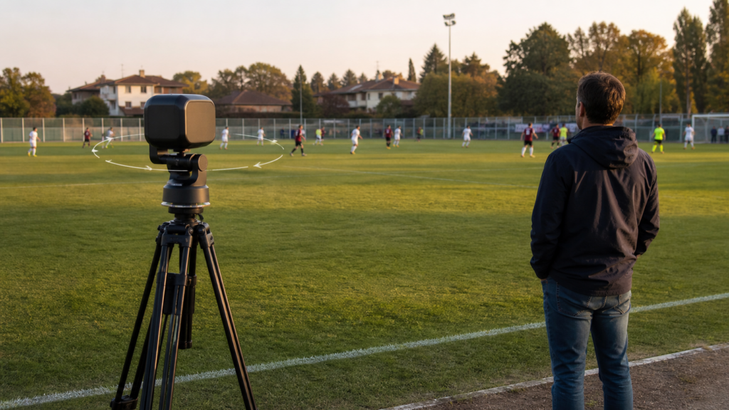 Telecamera AI motorizzata che segue automaticamente l’azione durante una partita di calcio
