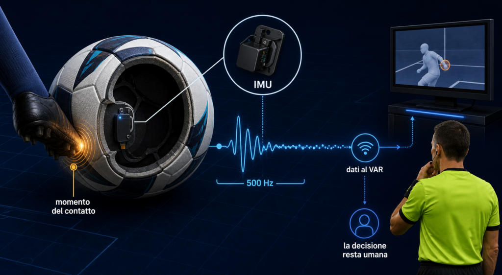 Sensore IMU a 500 Hz nel pallone connesso e invio dei dati al VAR