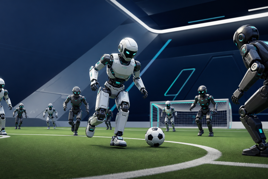 Illustrazione editoriale di robot umanoidi autonomi che giocano a calcio